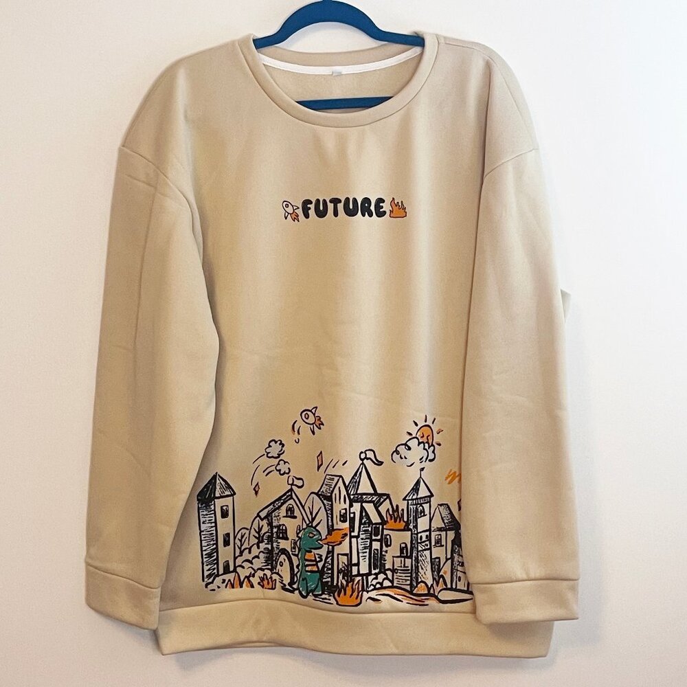 Future Cartoon and Letter Graphic Thermal Lined Sweatshirt XL Unisex